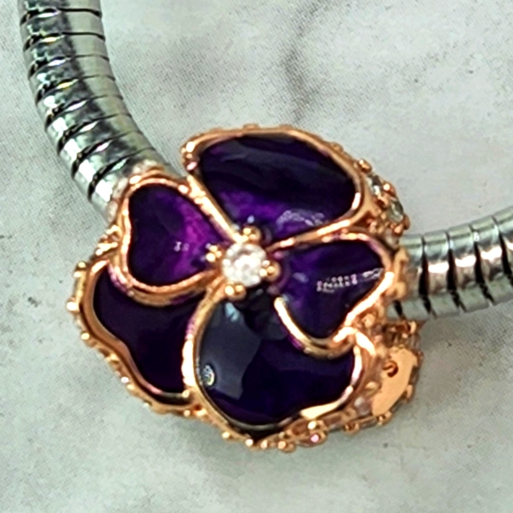 S925 Sterling Silver Rose Gold Violet Flower European Style Charm Bead